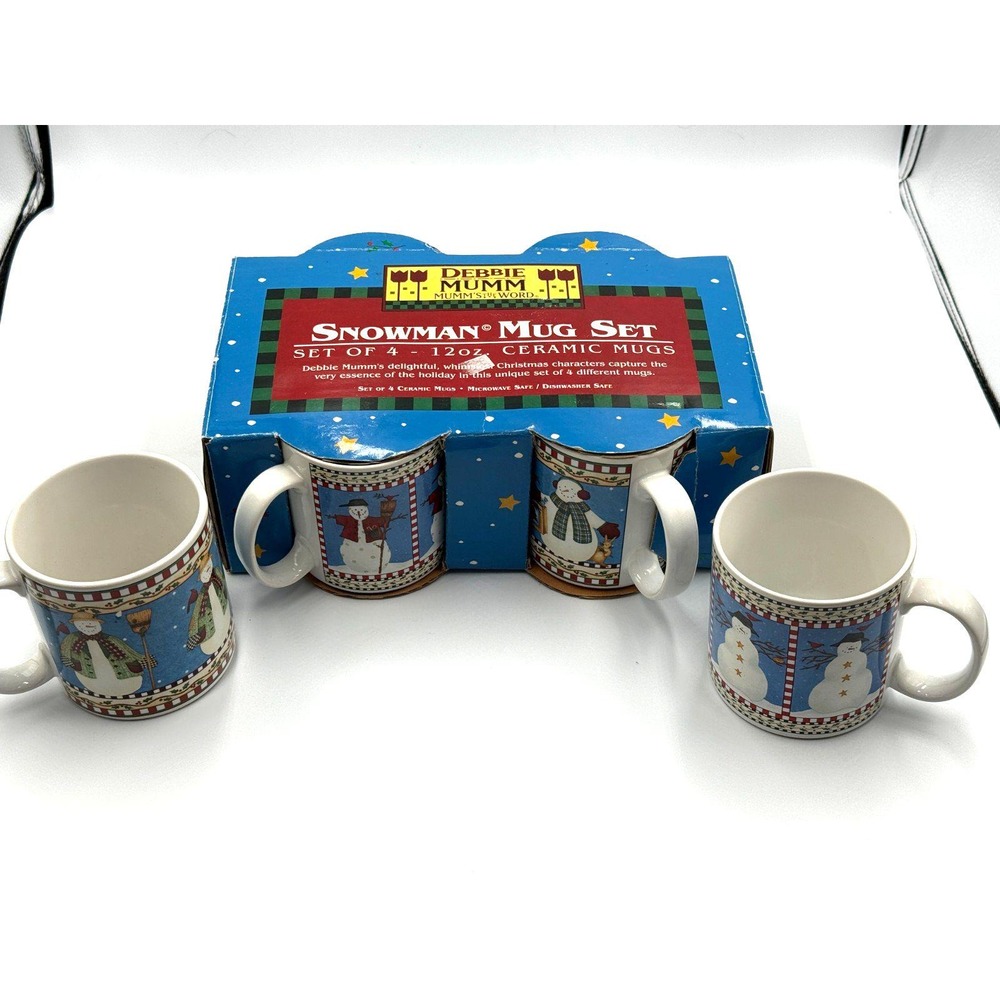 Debbie Mumm Snowman Coffee Mugs Set of 6 Oneida Sakura Vintage (4 NEW + 2 Used)
